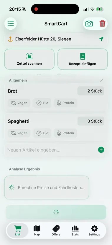Die Einkaufsliste in SmartCart mit Artikeln und Filtern