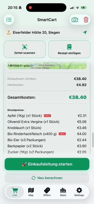 Das Analyse-Ergebnis: günstigster Laden, Einzelpreise, Gesamtkosten