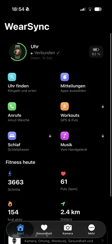 Die WearSync-App: verbundene Uhr, Akkustand und die Fitnesswerte des Tages
