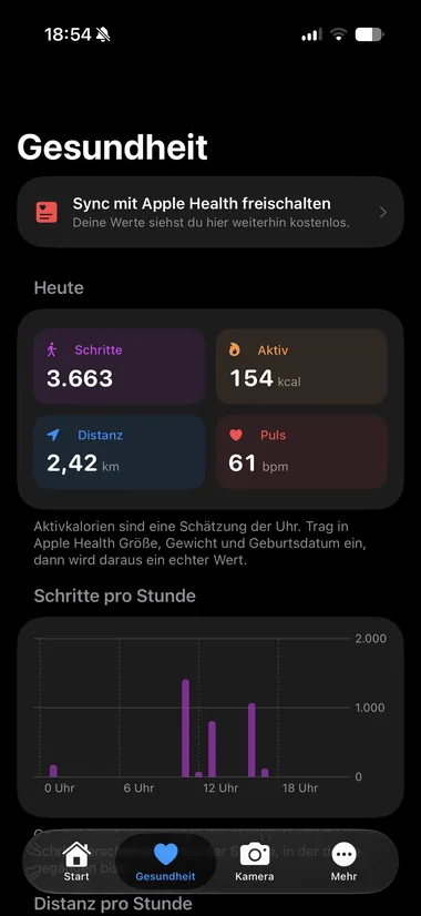 Der Gesundheitsbereich mit Schritten, Kalorien, Distanz und Puls